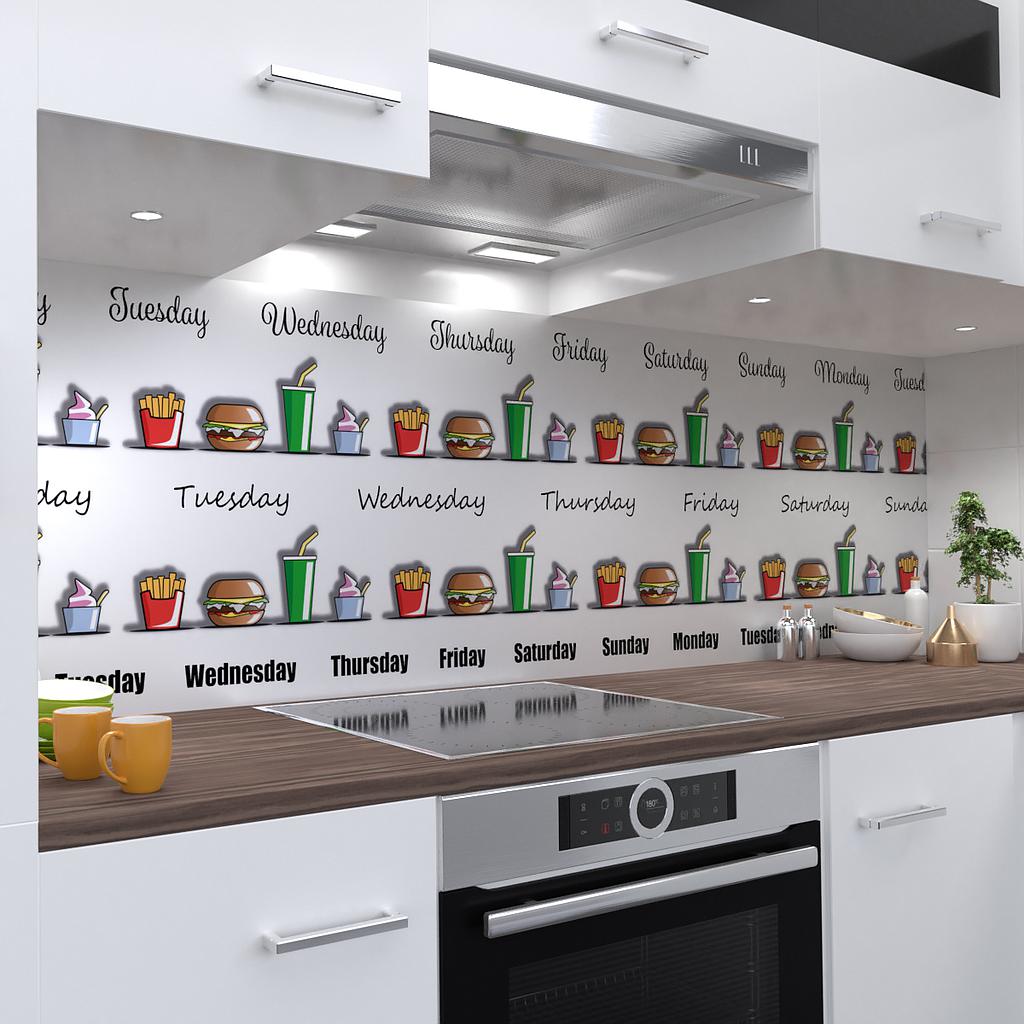 Fast Food Küchenrückwand selbstklebend Wandtattoo für Fliesenspiegel (Materialprobe DinA4)
